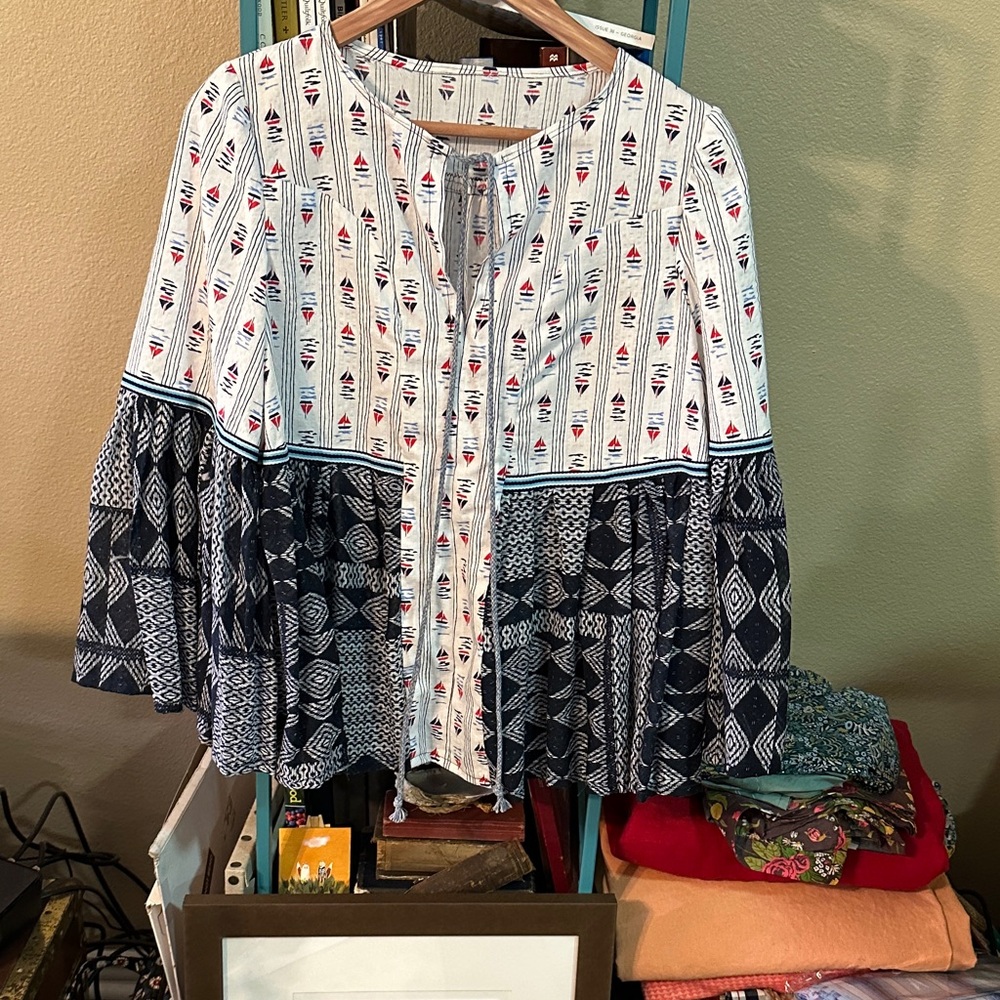 Handmade Navy, Red and White Nautical Patterned long sleeve Flowy Women's Blouse